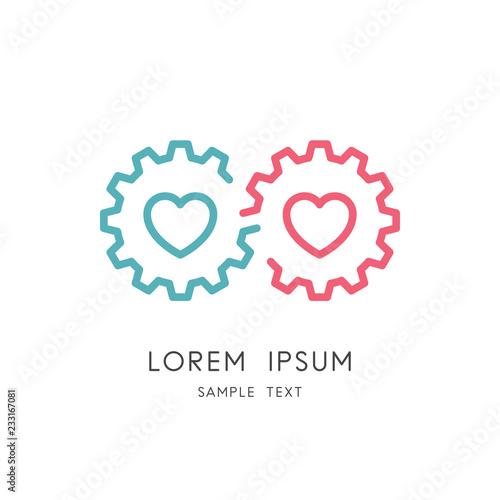 Love and gear wheel logo - couple of pinions with hearts and infinity symbol. Family and relationship vector icon.