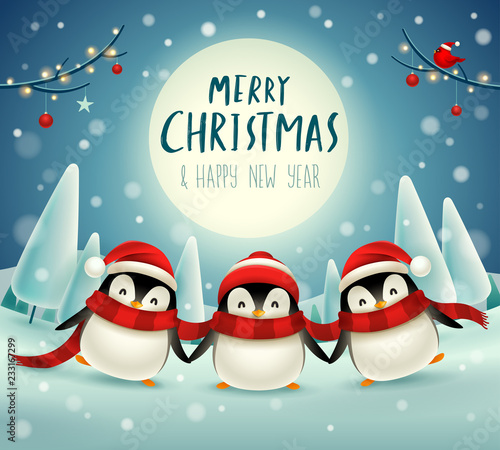 Cute little penguins under the moonlight in Christmas snow scene winter landscape. Christmas cute animal cartoon character.