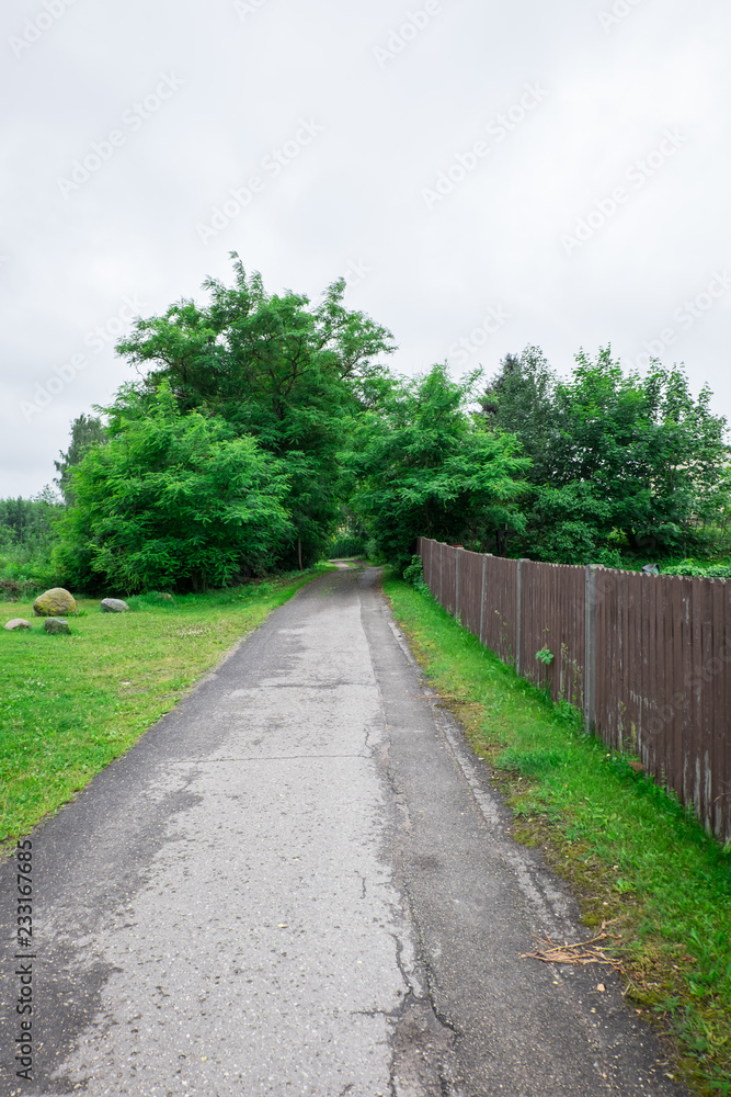 asphalt road near wooden fence