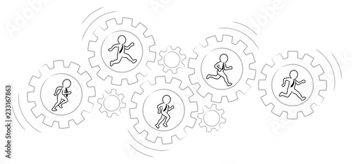 Zusammenarbeit / Teamwork: Eine Gruppe von Geschäftsleuten läuft in drehenden Zahnrädern / Vektor-Zeichnung / Konturen