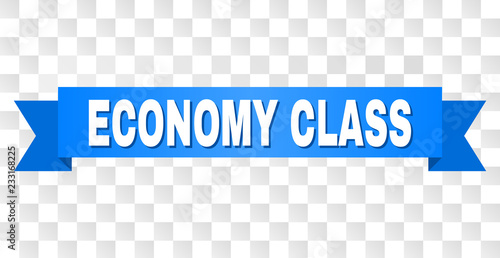 ECONOMY CLASS text on a ribbon. Designed with white caption and blue stripe. Vector banner with ECONOMY CLASS tag on a transparent background.