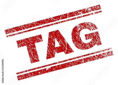 TAG seal print with corroded texture. Red vector rubber print of TAG text with retro texture. Text tag is placed between double parallel lines.