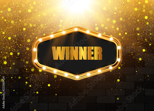 Retro light banner. Vector frame. Winner background with gold glitter texture.