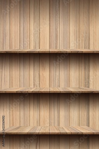 Blank wooden shelf on wood texture background. For montage product display.