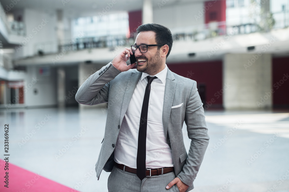 Businessman using smart phone and standing in the hall with hand in the pocket. Businessman using smart phone and standing in the hall with hand in the pocket.