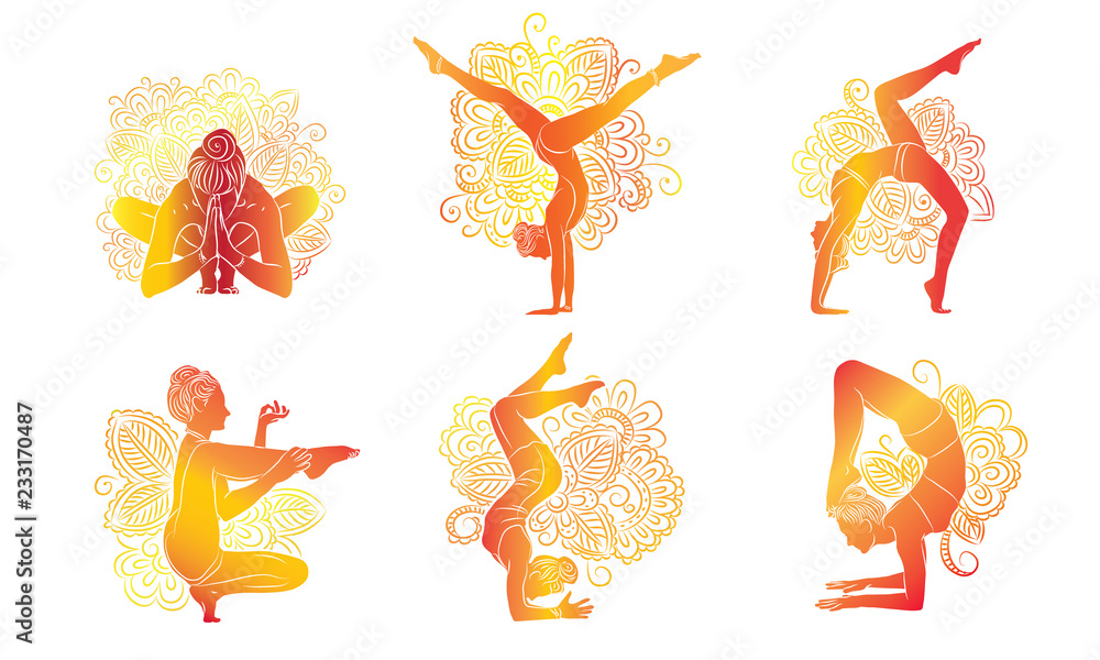 Vector set consisting of orange silhouettes of women doing yoga in different asanas on a white background. - obrazy, fototapety, plakaty 