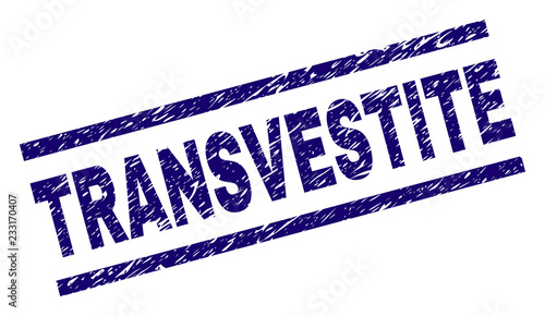 TRANSVESTITE seal watermark with grunge style. Blue vector rubber print of TRANSVESTITE caption with corroded texture. Text caption is placed between parallel lines.