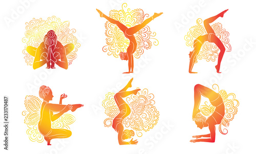 Vector set consisting of orange silhouettes of women doing yoga in different asanas on a white background. photo