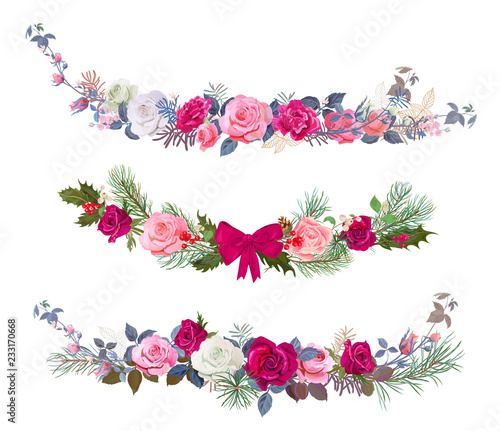 Set of Christmas horizontal borders, bouquets of flowers: red, pink, mauve roses, carnations, pine branches, cones, leaves. Digital draw illustration, watercolor style, vintage, vector. Panoramic view