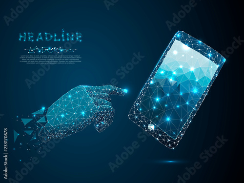 Mobile phone. Vector polygonal wireframe closeup mobile phone with gradient blue screen with man hand and fingers. Illustration dark blue background. Communication app smartphone concept