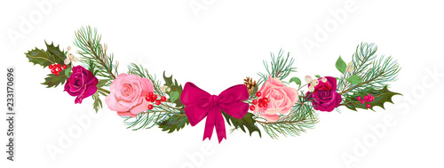 Christmas horizontal border, bouquet of flowers: red, pink, mauve roses, holl...