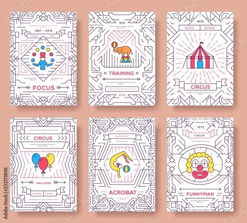 circus thin line brochure cards set. Festival traditional template of flyear, magazines, posters, book cover, banners. Devices outline invitation concept background. Layout quality modern pages