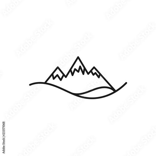 mountain peaks and sea waves. Outline landscape with rocks and seaside.