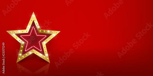 Shiny golden star sign with light bulbs and neon with mirror reflection on red background. Vector design template.
