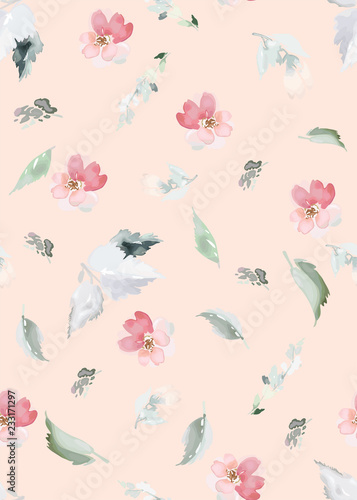 Vector seamless pattern with flower and plants in watercolor style.