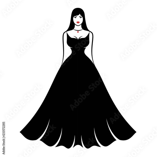 a young woman in an elegant long fluffy black evening dress