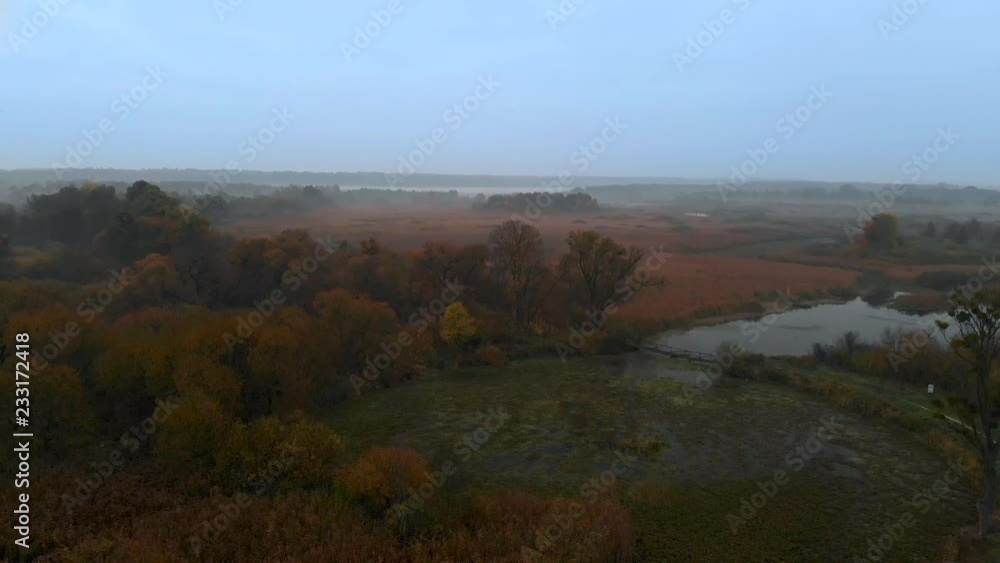 Flying Over the River, Autumn Swamp, Morning Mist Flying Over the River, Autumn Swamp, Morning Mist
