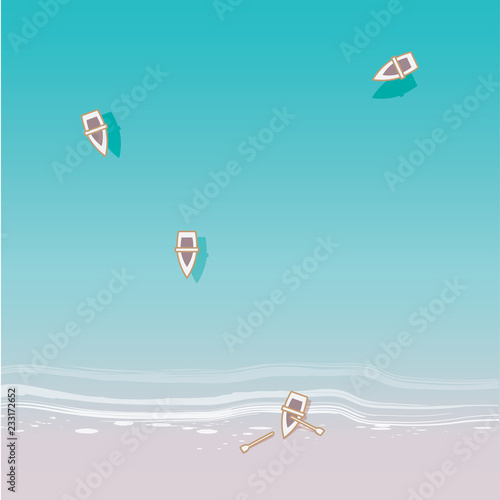 Minimal vector illustration in top view perspective of the ocean, sandy shoreline and white rowing boats