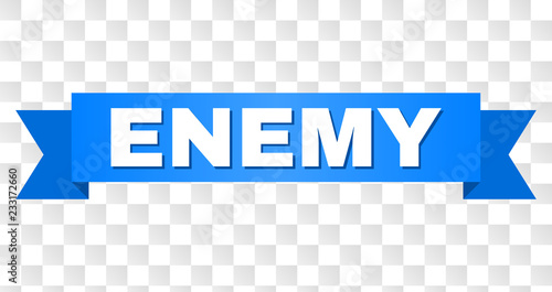 ENEMY text on a ribbon. Designed with white caption and blue stripe. Vector banner with ENEMY tag on a transparent background.