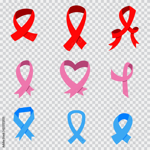 AIDS, breast and prostate cancer awareness symbols. Blue, pink and red ribbon. Vector icons set isolated on a transparent background.