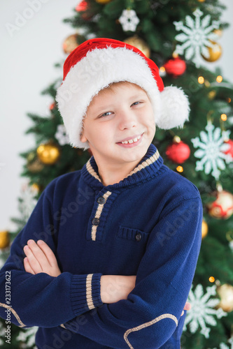 Closeup portrait of happy smiling young kid in home festively decorated Christmas interior. Vertical color photography.