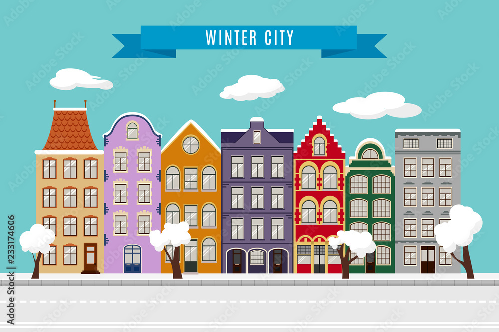 Winter Flat city landscape with European building facades. Cute retro houses exterior. Traditional architecture of Belgium and Netherlands
