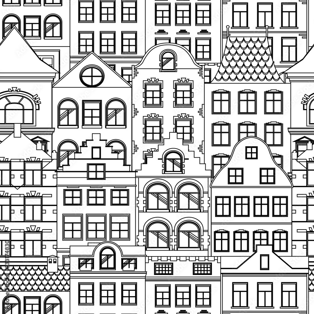Seamless pattern of Cute retro houses exterior. Collection of European building facades. Traditional architecture of Belgium and Netherlands. Sweden, Norway, Danmark