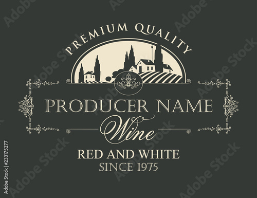 Vector label for red and white wine with rural landscape of vineyards and Italian village in retro style
