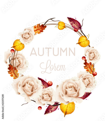 Autumn roses wreath card watercolor Vector. Fall floral design decorations
