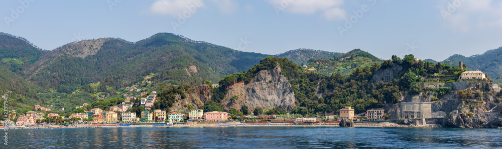 Panoramic view of Monterosso al Mare beach and coastline as seen from the water