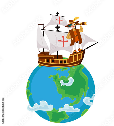 Columbus Day poster with Columb sailing on ship