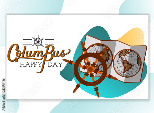 Columbus Day poster with map and helm symbol, lettering text logo design for greeting card