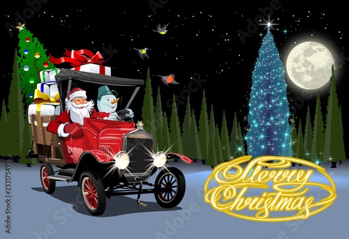 Vector Christmas card with cartoon retro Christmas truck