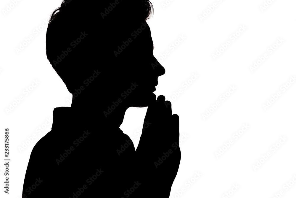 silhouette of an unrecognizable thinking man with hand on his chin, face profile on a white isolated background