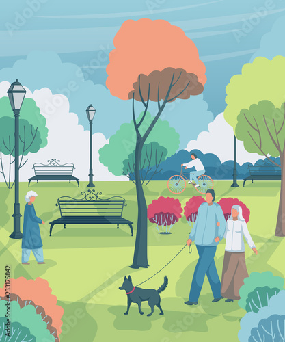 Retired people walking in the city park. Landscape with trees, bushes, benches, lanterns. Vector illustration 