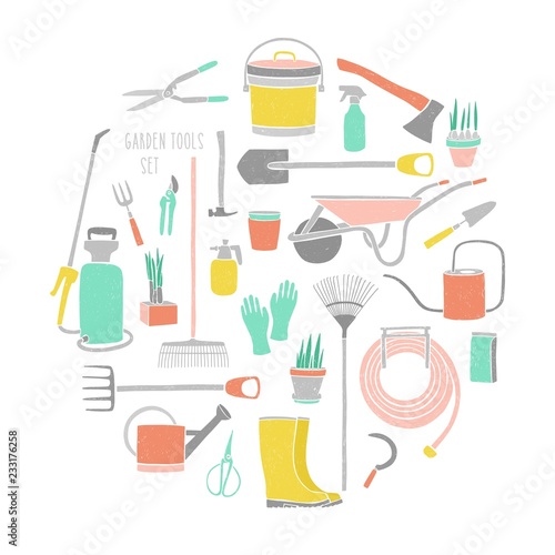 Collection of gardening tools isolated on white background. Bundle of equipment for agricultural work, plant cultivation, work in garden or farming. Colorful vector illustration in flat style.