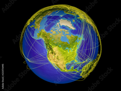 North America from space on Earth with lines representing international communication, travel, connections.