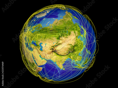 Asia from space on Earth with lines representing international communication, travel, connections.