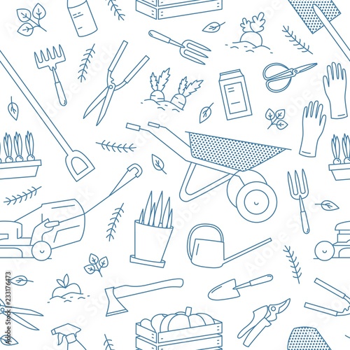 Monochrome seamless pattern with gardening tools or equipment for plant cultivation drawn with contour lines on white background. Vector illustration in linear style for wrapping paper, textile print.