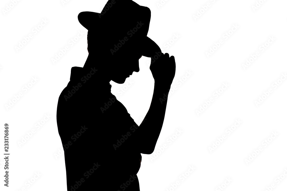 silhouette of stylish young man in business hat, profile of unrecognizable guy on white isolated background