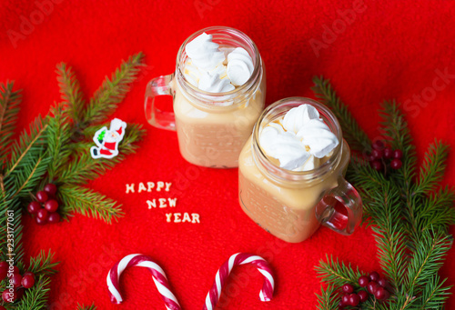 marshmellou cocoa and candy on a red background. The inscription Happy New Year. photo