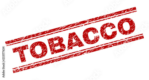 TOBACCO seal print with distress texture. Red vector rubber print of TOBACCO title with scratched texture. Text title is placed between double parallel lines.