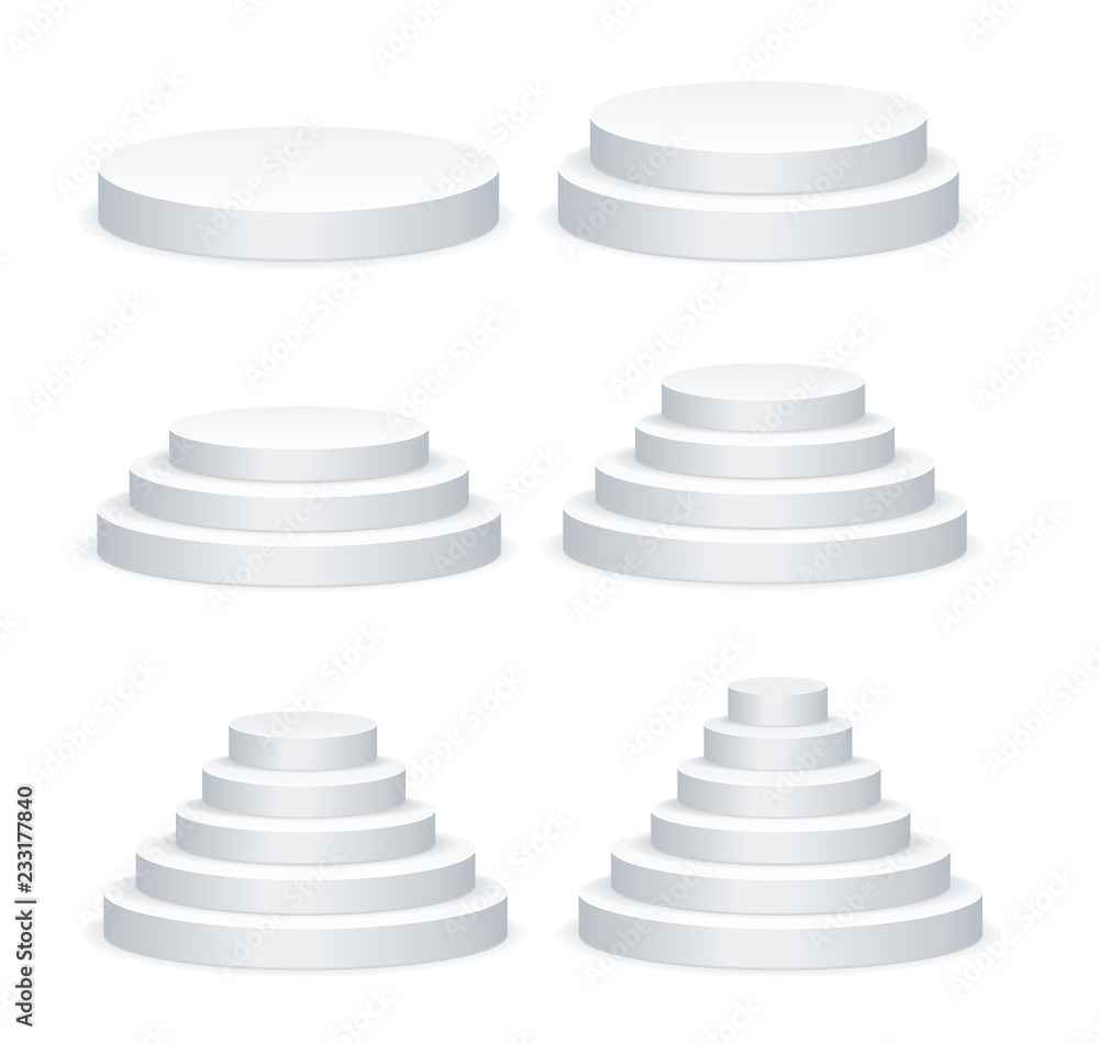 Realistic Detailed 3d White Blank Round Podium Template Mockup Set. Vector Realistic Detailed 3d White Blank Round Podium Template Mockup Set. Vector
