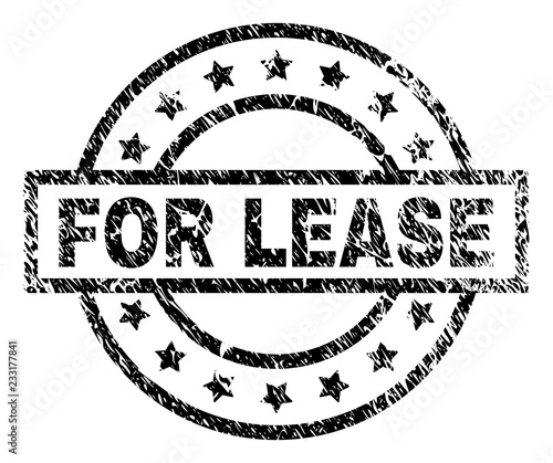 FOR LEASE stamp seal watermark with distress style. Designed with rectangle, circles and stars. Black vector rubber print of FOR LEASE tag with grunge texture.