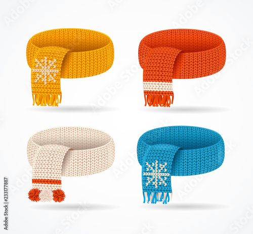Realistic 3d Detailed Winter Knitted Scarfs Set. Vector