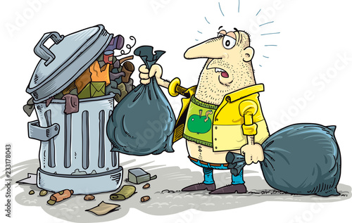 Vector illustration of littering waste disposed around the dust bin on street with city skyline in the background. Garbage can full of overflowing trash. Trash is fallen on the ground, cartoon style.