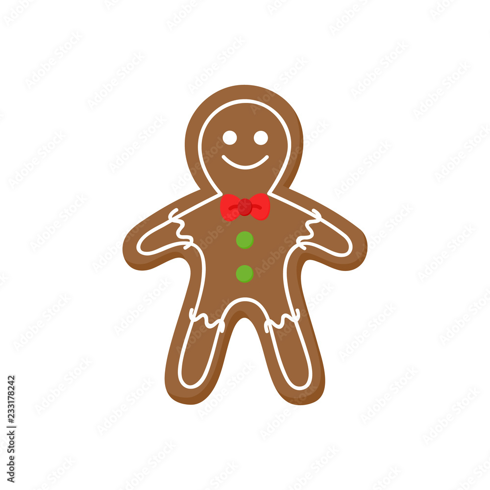 Obraz premium Gingerbread man vector graphic illustration icon. Festive, holiday sweet and cute gingerbread christmas cookie decorated with sugar icing.