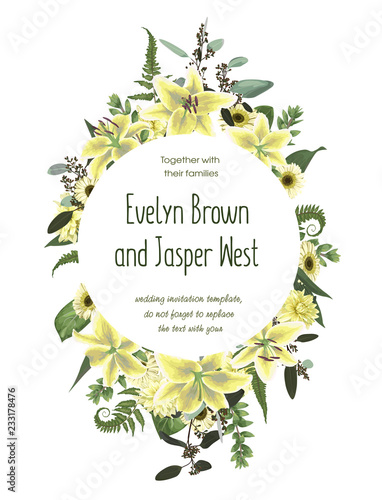 Wedding floral invitation, invite card. Vector watercolorgreen forest leaf, fern, branches boxwood, buxus, eucalyptus. Flowers of yellow, white lily, gerbera, dahlia. Botanical green decorative