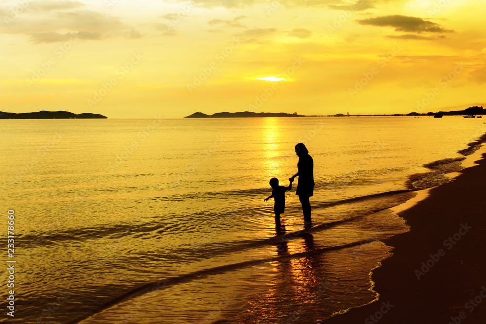 Mom play with little son at beach