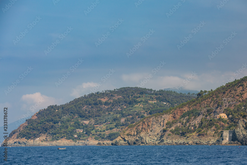 Views of the Ligurian coastline near the town of Levanto, as seen from the sea